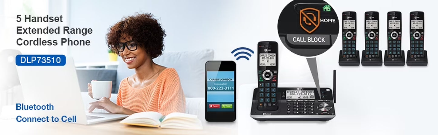 DLP73510 5 Handset Cordless Answering System with Unsurpassed Range and Connect to Cell (Black)