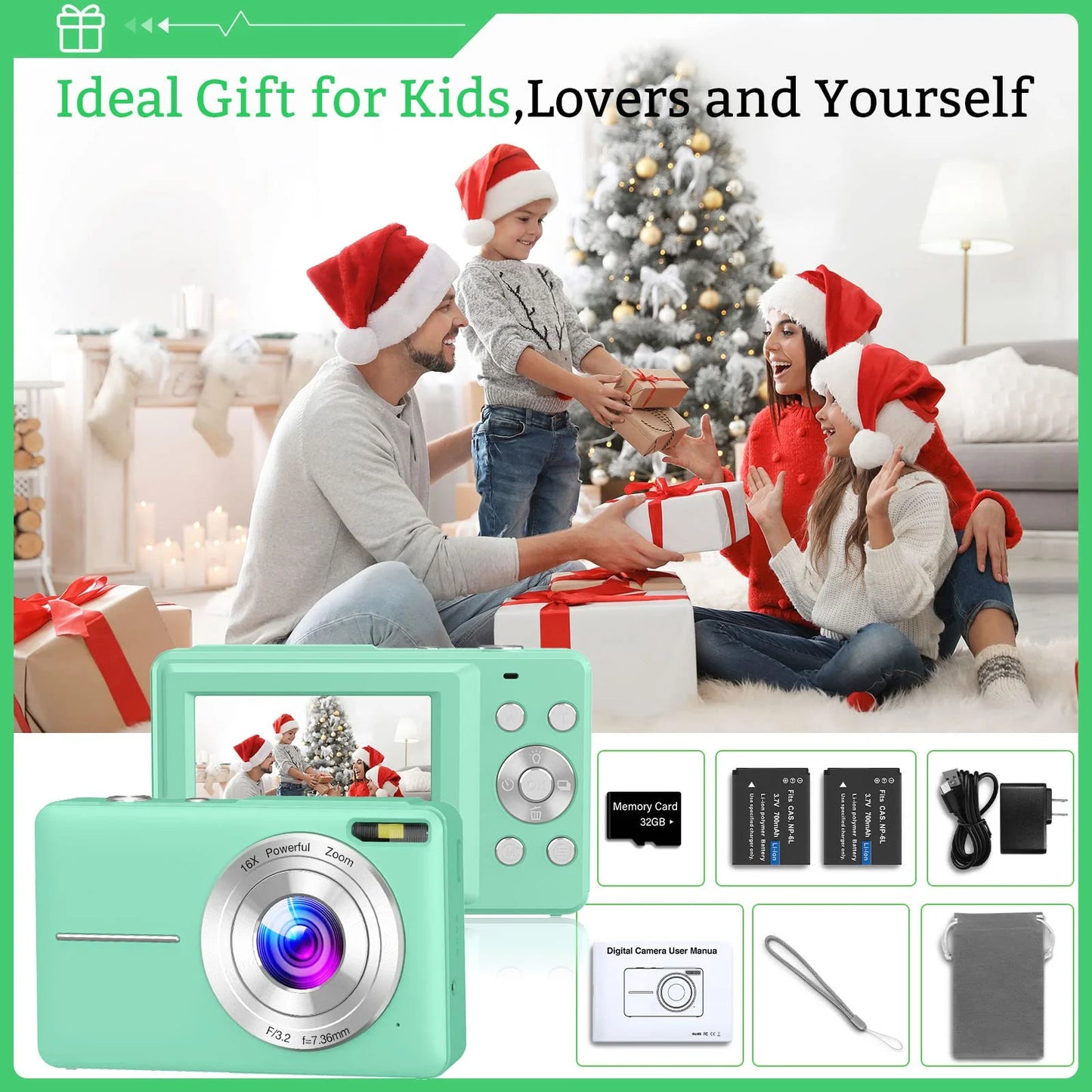 Digital Camera FHD1080P 44MP Portable Camera for Kids 2.4"LCD Screen Small Video Camera with 32G Card