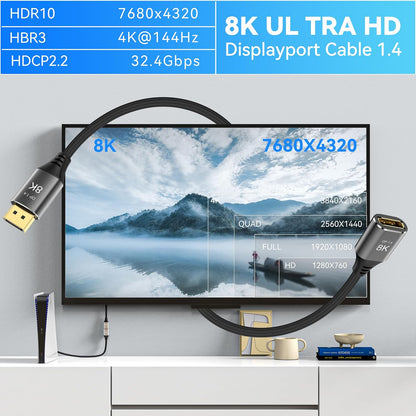 8K Displayport Extension Cable 1.5Feet, Displayport 1.4 Male to Female Extension Cable, Braided DP to DP Extended Cord, Supports 8K@60Hz,4K@120Hz (Grey, 1.5 Ft)