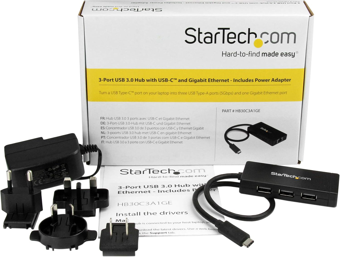 Startech 3-Port USB-C Hub with Gigabit Ethernet and 3X USB-A, 5Gbps, TAA | Built-In 30Cm USB-C Cable, 3X USB-A, Fully Powered Connected Devices, Desktop Placement, Small Footprint