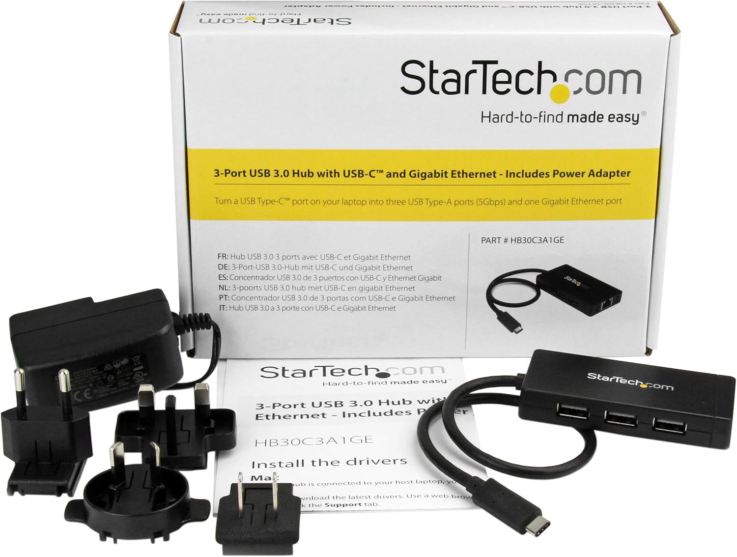 Startech 3-Port USB-C Hub with Gigabit Ethernet and 3X USB-A, 5Gbps, TAA | Built-In 30Cm USB-C Cable, 3X USB-A, Fully Powered Connected Devices, Desktop Placement, Small Footprint