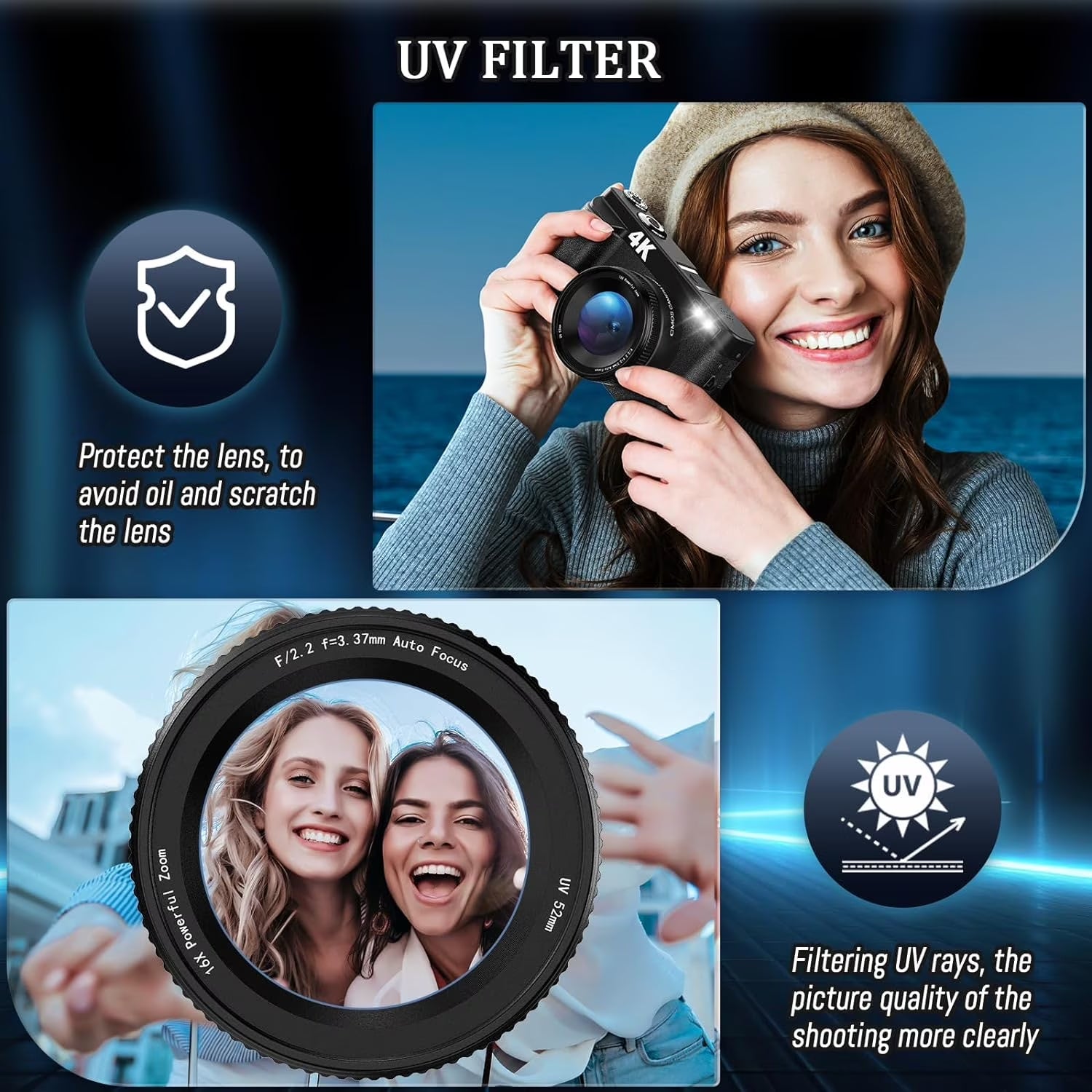 Digital Camera 4K 48MP Vlogging Camera for Youtube Autofocus 16X Digital Zoom Video Cameras with 32GB SD Card