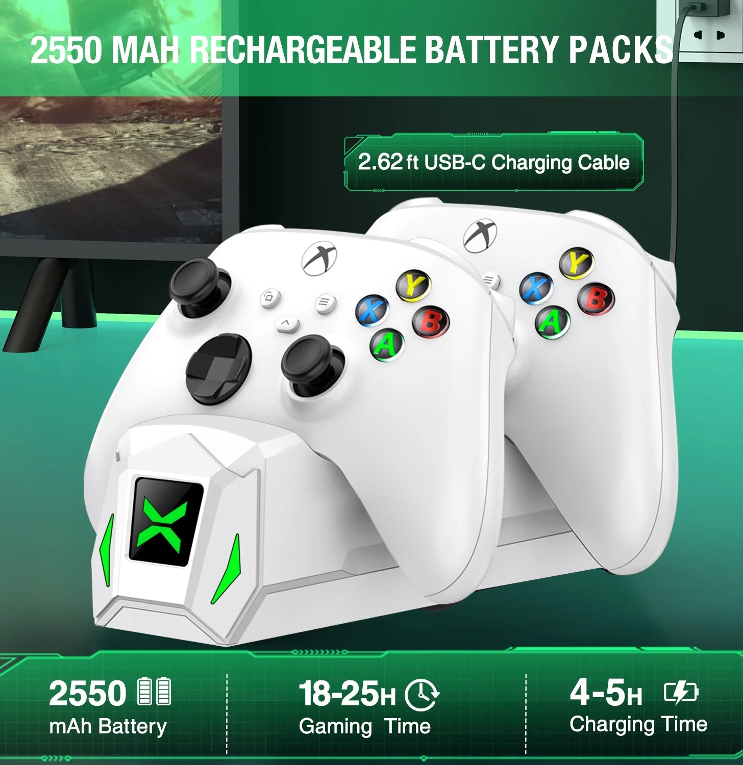 Dual Xbox Controller Charging Station with Two 5520mAh Battery Packs for Xbox Series X|S/One/Elite