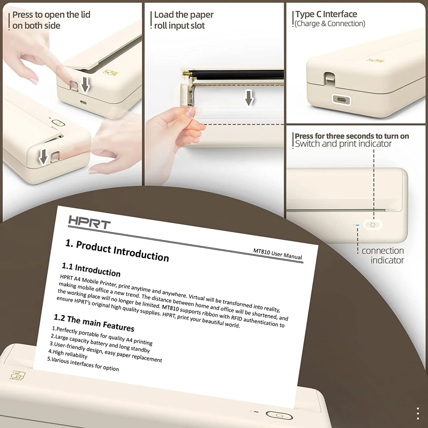 Portable Wireless Thermal Inkless Printer for Android and iOS Devices, Beige