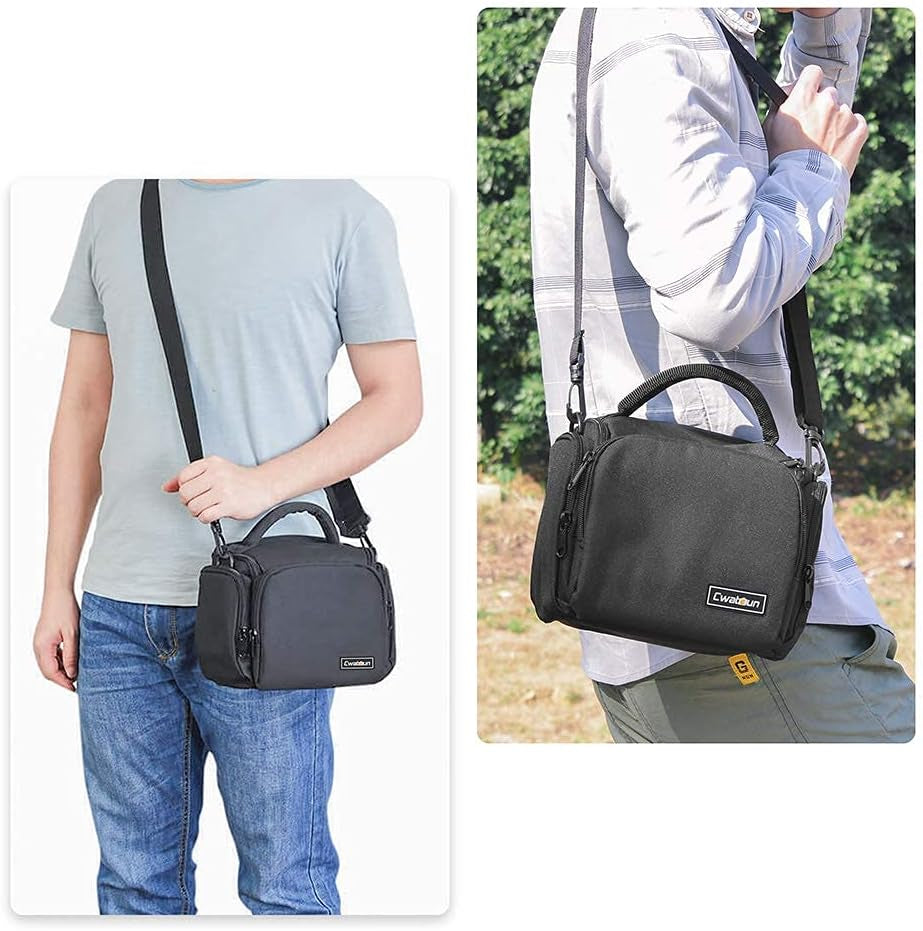 Single Shoulder Crossbody Compact Camera Bag Case Compatible for Canon Nikon Sony SLR DSLR Mirrorless Cameras and Lenses Waterproof Black | Fits 1 Dslr/Mirrorless+1Lens+Phone+Sd Cards. 10Mm Padding, Waterproof, Adj Strap 65-130Cm, Side/Front Pockets.