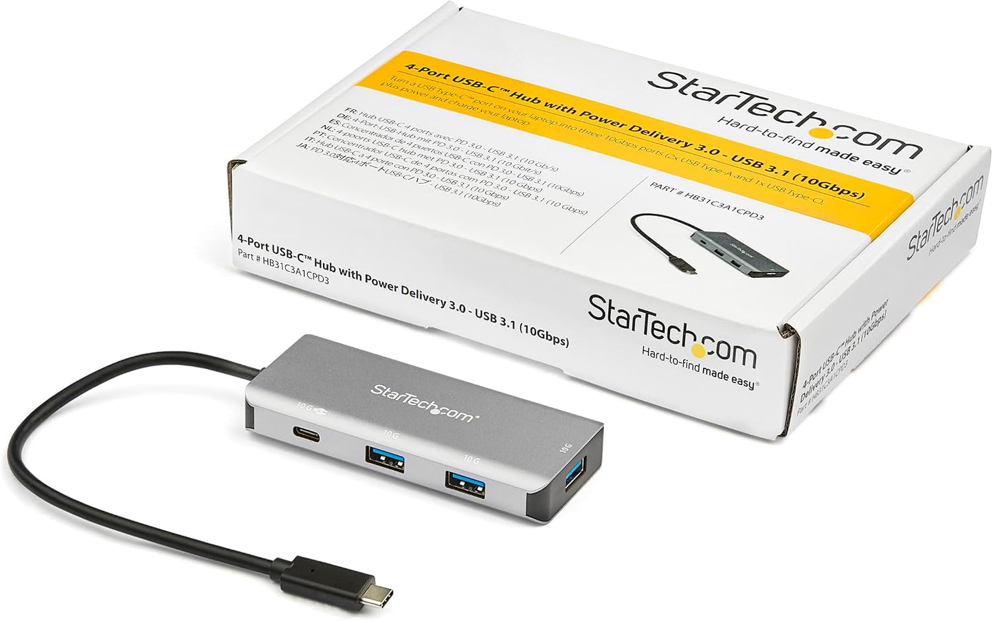 Startech 4-Port USB-C Hub 10Gbps with 100W PD, TAA, Portable (HB31C3A1CPD3) | 3X USB-A and 1X USB-C, USB 3.2 Gen 2, 100W PD Passthrough Charging, Thunderbolt 3 Compatible
