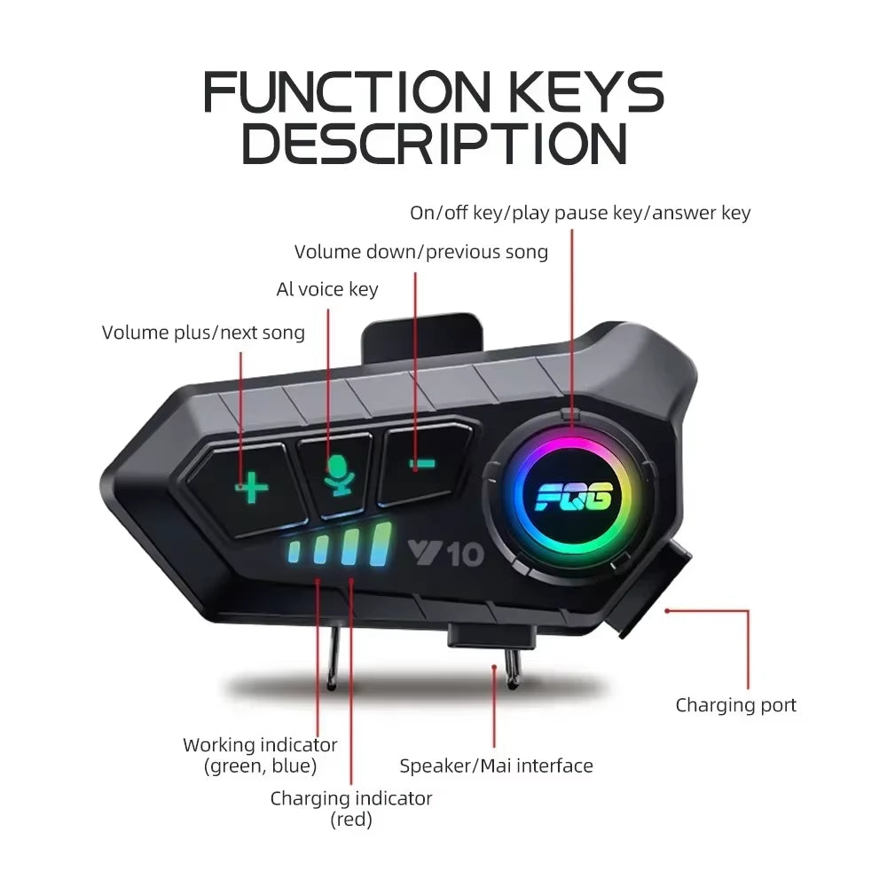 Y10 Motorcycle Helmet Headset Bluetooth 1000Mah Noise Reduction Wireless Hands-Free Waterproof Motorcycle Earphone