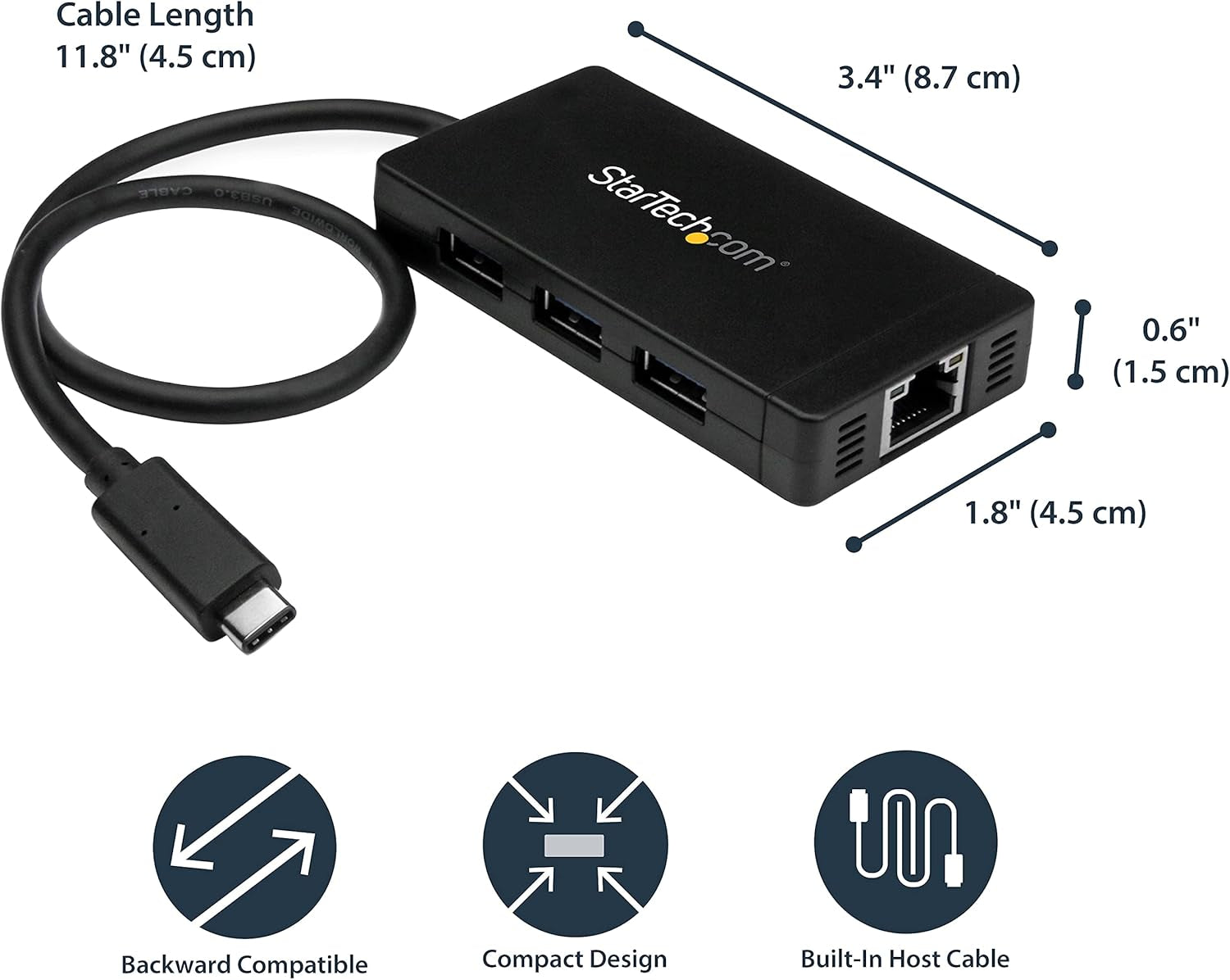 Startech 3-Port USB-C Hub with Gigabit Ethernet and 3X USB-A, 5Gbps, TAA | Built-In 30Cm USB-C Cable, 3X USB-A, Fully Powered Connected Devices, Desktop Placement, Small Footprint
