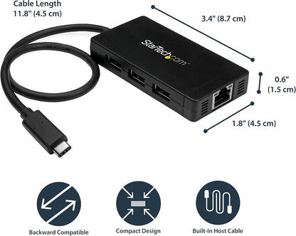 Startech 3-Port USB-C Hub with Gigabit Ethernet and 3X USB-A, 5Gbps, TAA | Built-In 30Cm USB-C Cable, 3X USB-A, Fully Powered Connected Devices, Desktop Placement, Small Footprint