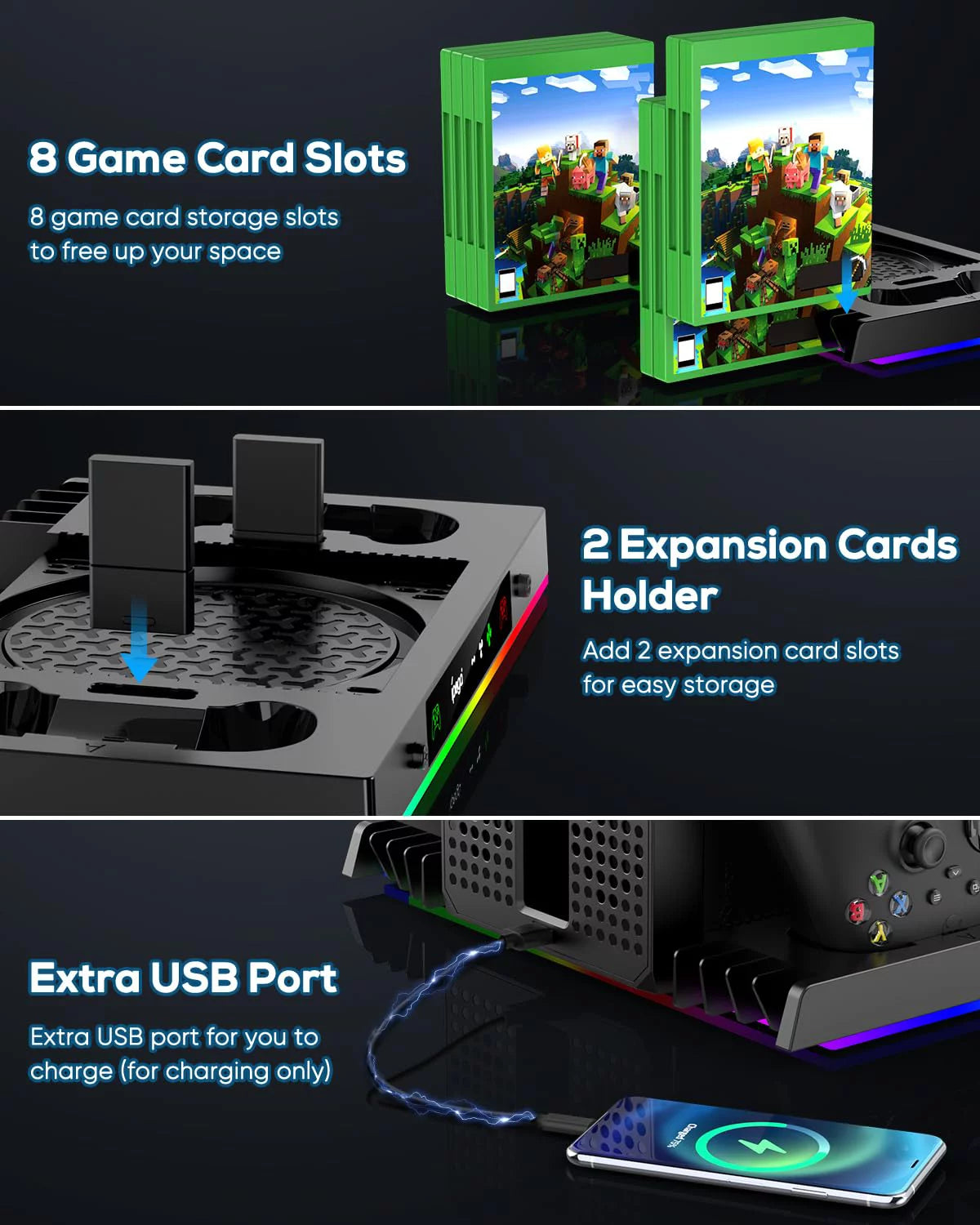 Enhanced RGB Cooling Fan and Charging Station for Xbox Series X Console and Controller - Wireless Dual Charger Dock and Cooler System Stand with 15 Color Light Modes and Accessory Storage