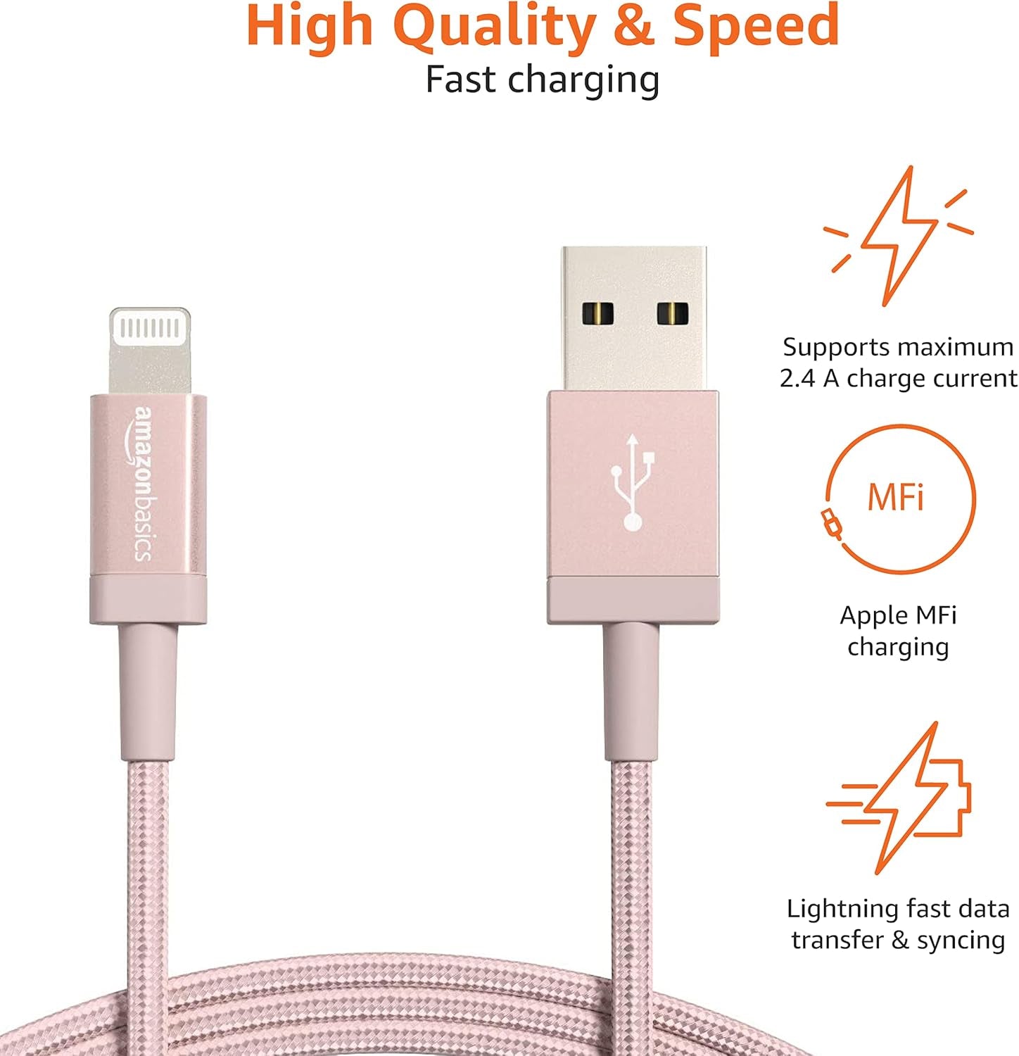 USB-A to Lightning Cable, Apple Mfi Certified, Nylon Braided Cord for Iphone 14 13 12 11 X Xs Pro, Pro Max, Plus, Ipad, Data Sync, High Speed Transfer, 3 Foot, Rose Gold