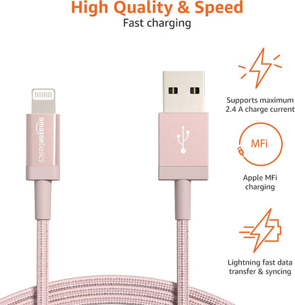 USB-A to Lightning Cable, Apple Mfi Certified, Nylon Braided Cord for Iphone 14 13 12 11 X Xs Pro, Pro Max, Plus, Ipad, Data Sync, High Speed Transfer, 3 Foot, Rose Gold