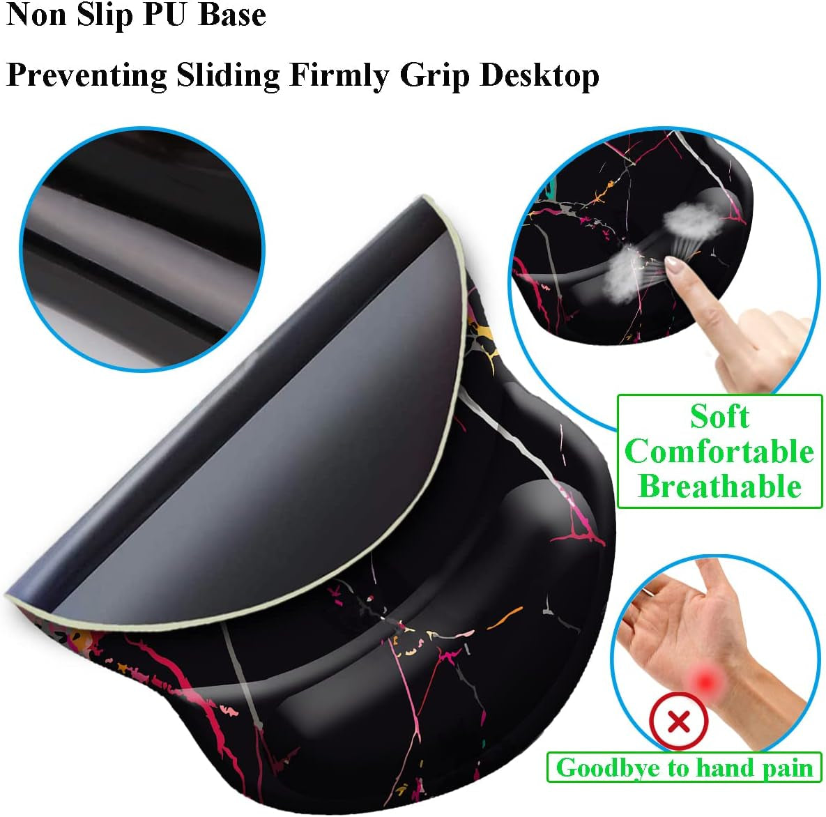 Ergonomic Non-Slip Wrist Mouse Pad with Gel Support, 8.7 x 7.5 Inches, Ideal for Gaming and Office Use (Black Marble)
