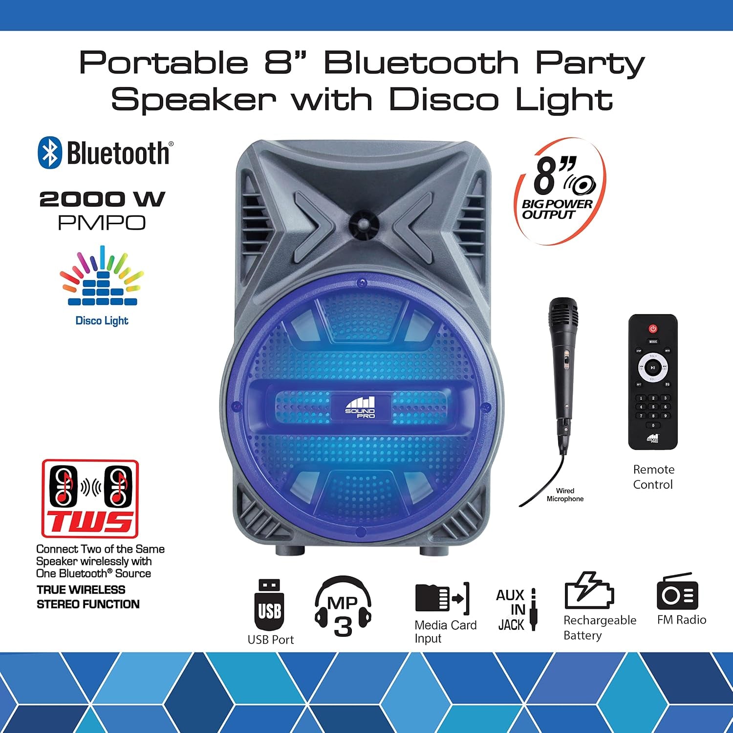 Electronics Portable Bluetooth Party Speaker with Disco Light, 8-Inch, Blue