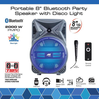 Electronics Portable Bluetooth Party Speaker with Disco Light, 8-Inch, Blue