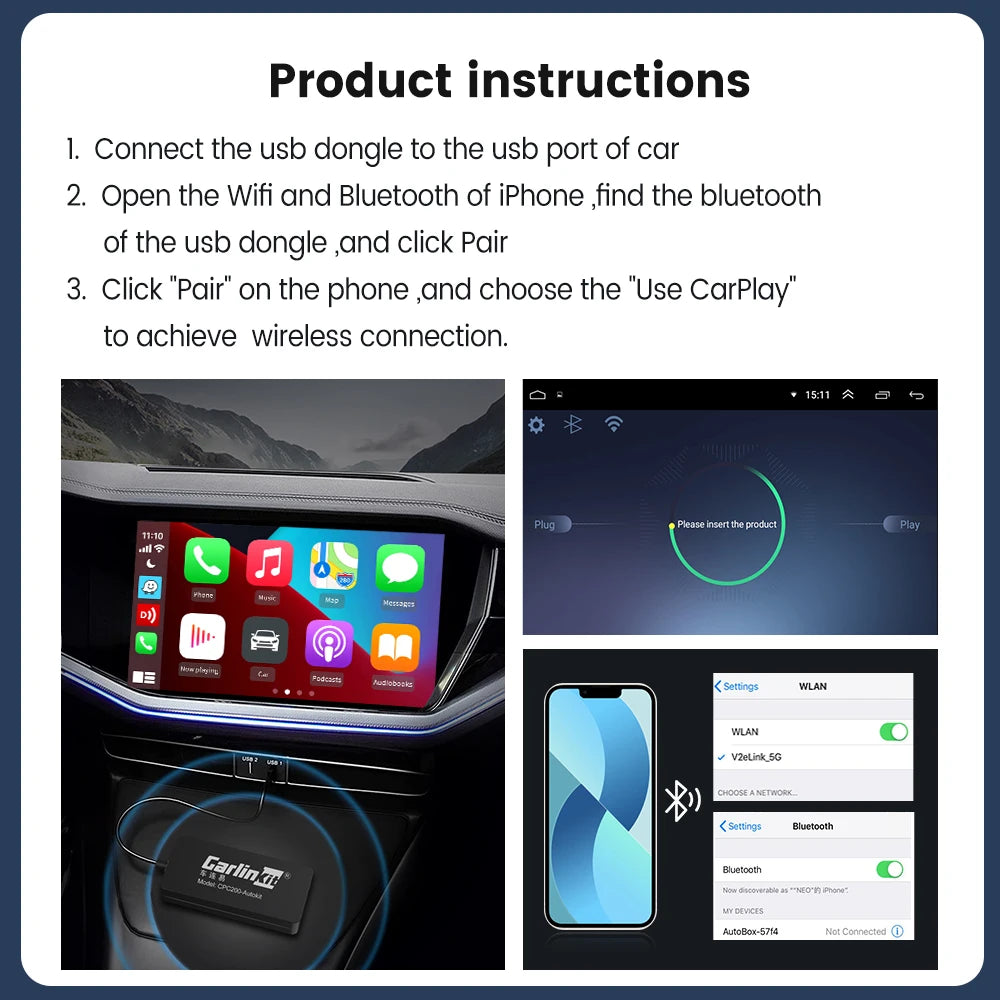 Hot Sale  USB Wireless&Wired Carplay Dongle Android Auto AI Box Mirrorlink Car Multimedia Player Bluetooth Auto Connect