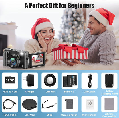 Digital Camera 4K 48MP Vlogging Camera for Youtube Autofocus 16X Digital Zoom Video Cameras with 32GB SD Card