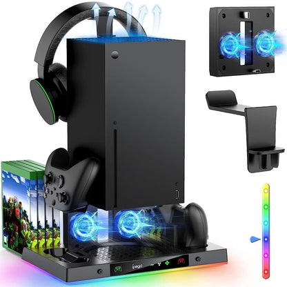 Enhanced RGB Cooling Fan and Charging Station for Xbox Series X Console and Controller - Wireless Dual Charger Dock and Cooler System Stand with 15 Color Light Modes and Accessory Storage