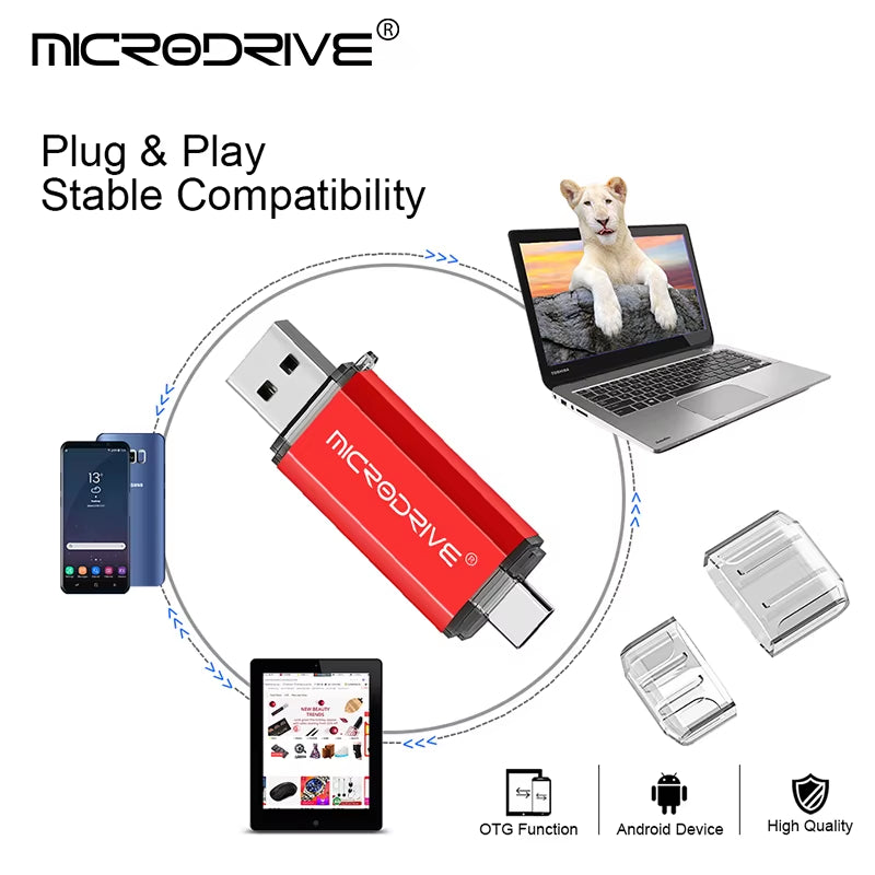 Type C USB Flash Drive OTG Dual Interface USB 2.0 Micro USB Pen Drive Available in 128GB, 64GB, 32GB, 16GB, 8GB, and 4GB Capacities