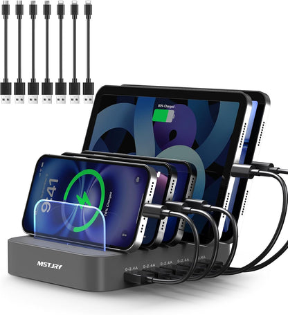 Charging Station for Multiple Devices : 5 Port Multi USB-A Charger Stations Multi-Device Organizer Charging Dock Designed for Iphone Ipad Cell Phone Tablets (7 Short Cables Included), Gray