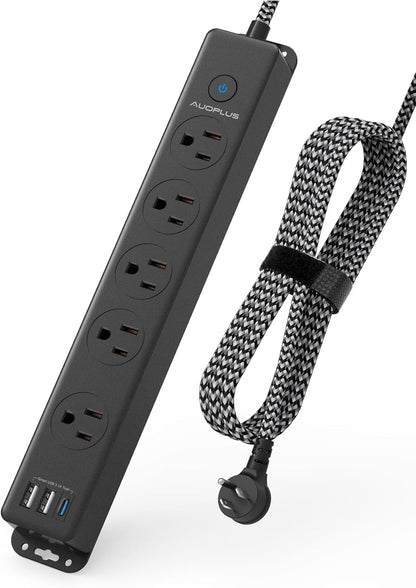 Surge Protector Power Strip with USB C Ports, 5FT Braided Extension Cord, 5 Outlets and 3 USB Ports(1 USB C),  Mountable Power Strips Flat Plug with Overload Protection | 5 Outlets and 3 USB Ports(1 USB C), Mountable Power Strips Flat Plug with Overload Protection for Home, Dorm, Office