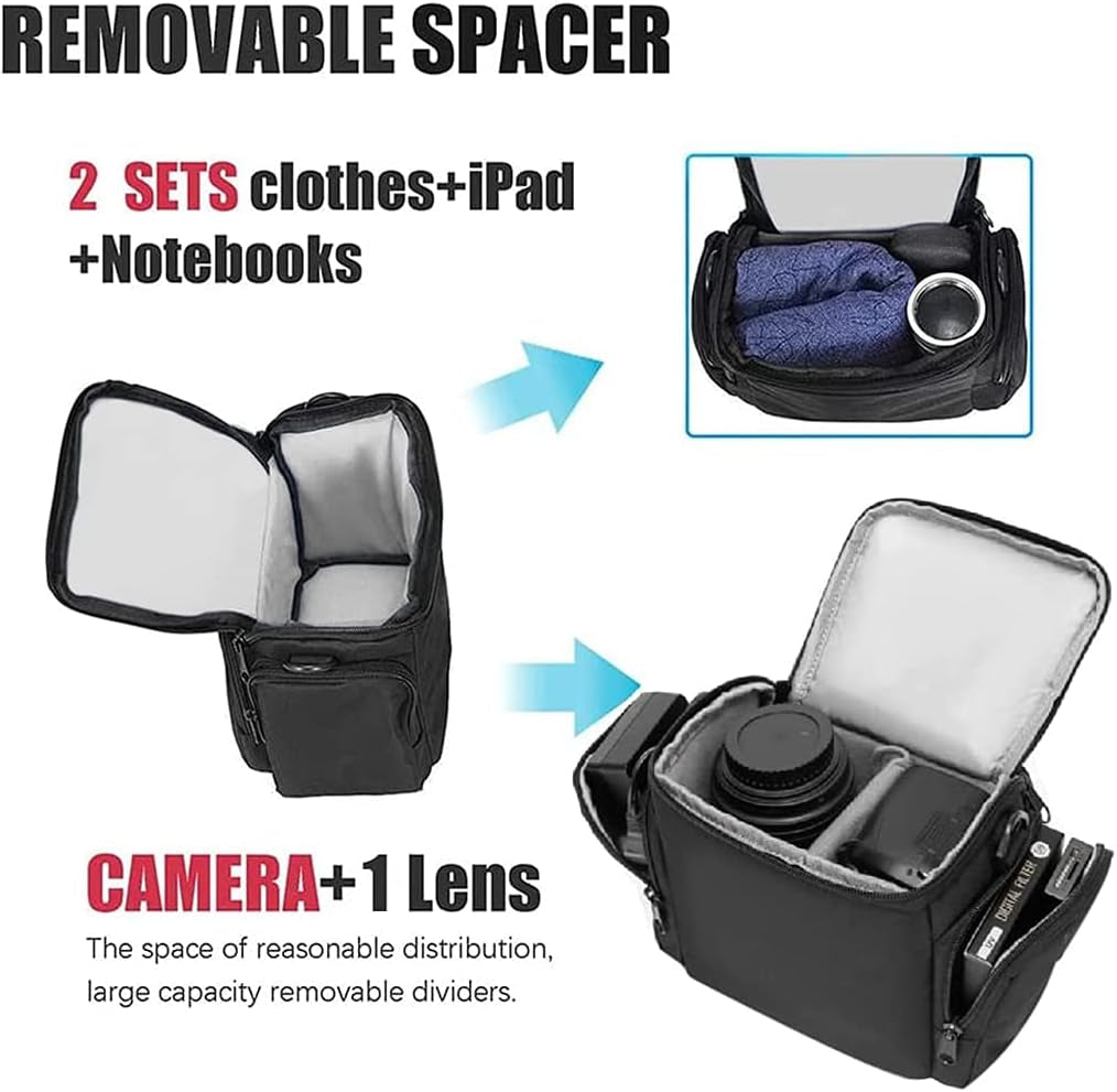 Single Shoulder Crossbody Compact Camera Bag Case Compatible for Canon Nikon Sony SLR DSLR Mirrorless Cameras and Lenses Waterproof Black | Fits 1 Dslr/Mirrorless+1Lens+Phone+Sd Cards. 10Mm Padding, Waterproof, Adj Strap 65-130Cm, Side/Front Pockets.