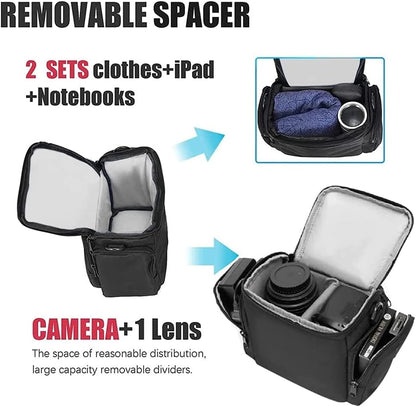 Single Shoulder Crossbody Compact Camera Bag Case Compatible for Canon Nikon Sony SLR DSLR Mirrorless Cameras and Lenses Waterproof Black | Fits 1 Dslr/Mirrorless+1Lens+Phone+Sd Cards. 10Mm Padding, Waterproof, Adj Strap 65-130Cm, Side/Front Pockets.