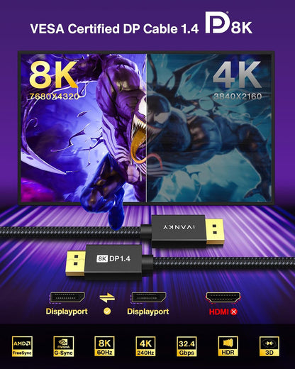 VESA Certified 8K Displayport Cable 10Ft,32.4Gbps DP to DP Cable 1.4 | Display Port Cord, 8K@60Hz, 4K@240Hz, 2K@240Hz, Supports HBR3, HDCP 2.2, HDR, Compatible with Gaming Monitor, TV, PC, Laptop