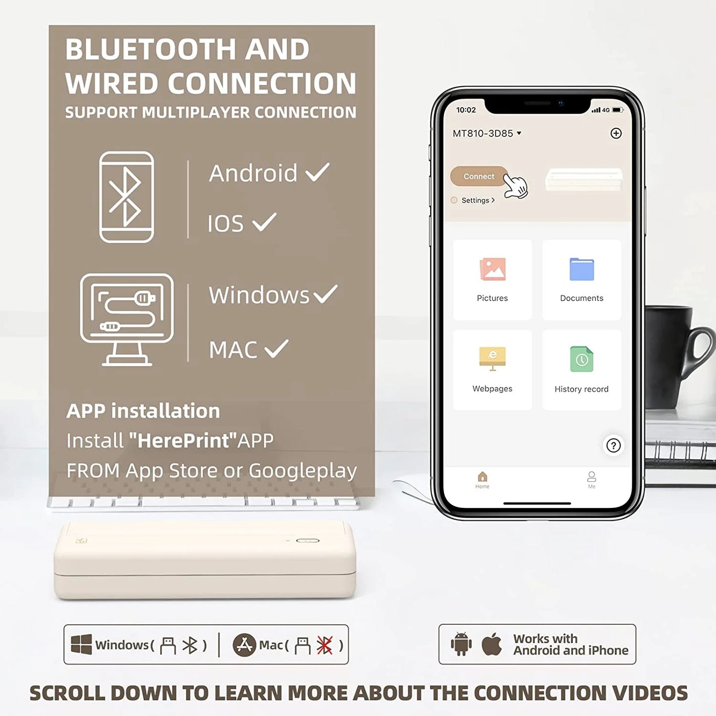 Portable Wireless Thermal Inkless Printer for Android and iOS Devices, Beige