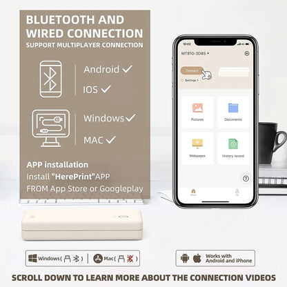Portable Wireless Thermal Inkless Printer for Android and iOS Devices, Beige