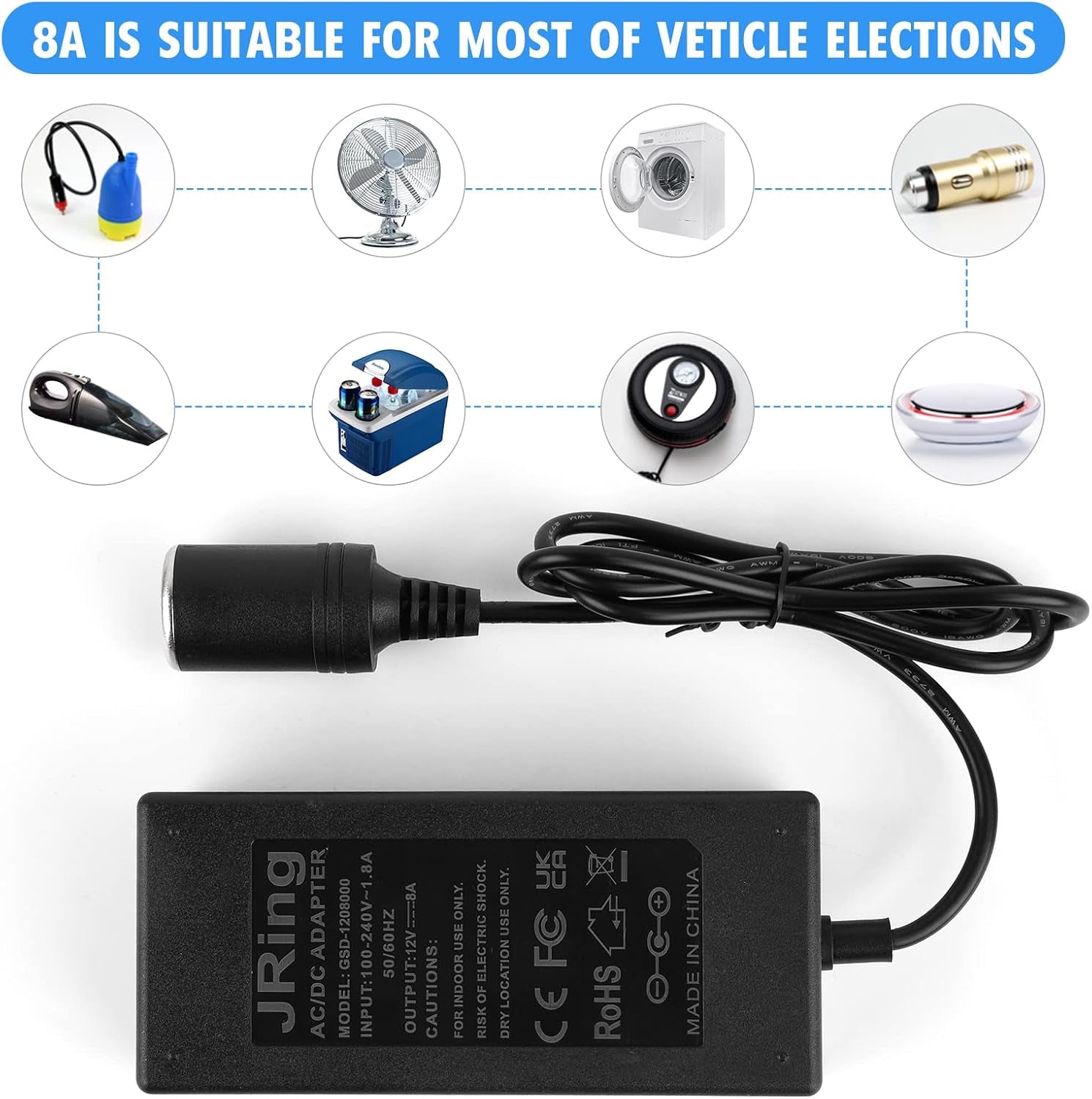 AC to DC Converter,  110-220V to 12V 8A 96W Car Cigarette Lighter Socket Power Adapter for Car Refrigerator Car Vacuum Tire Inflator and Other Car Devices
