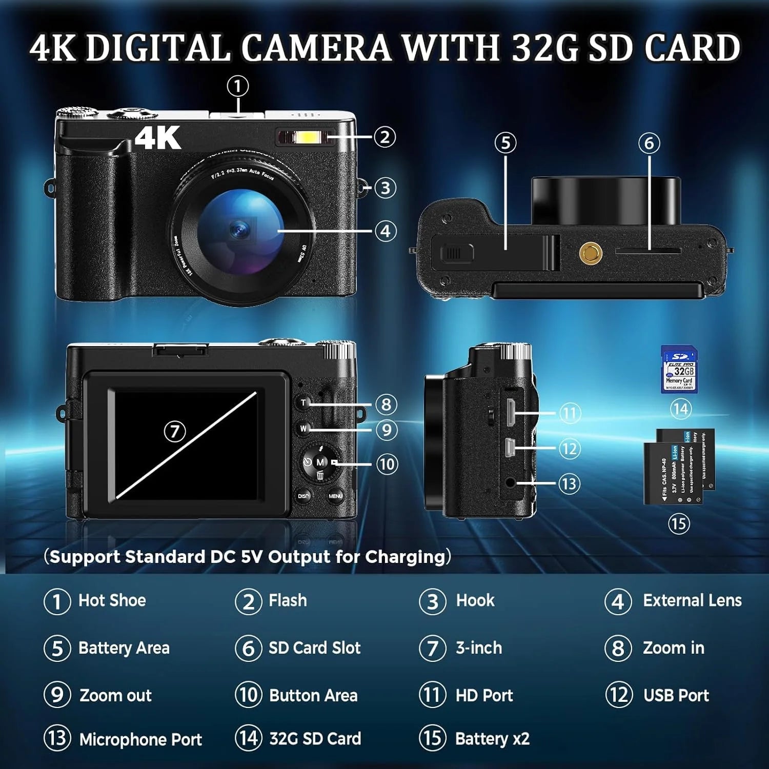 Digital Camera 4K 48MP Vlogging Camera for Youtube Autofocus 16X Digital Zoom Video Cameras with 32GB SD Card