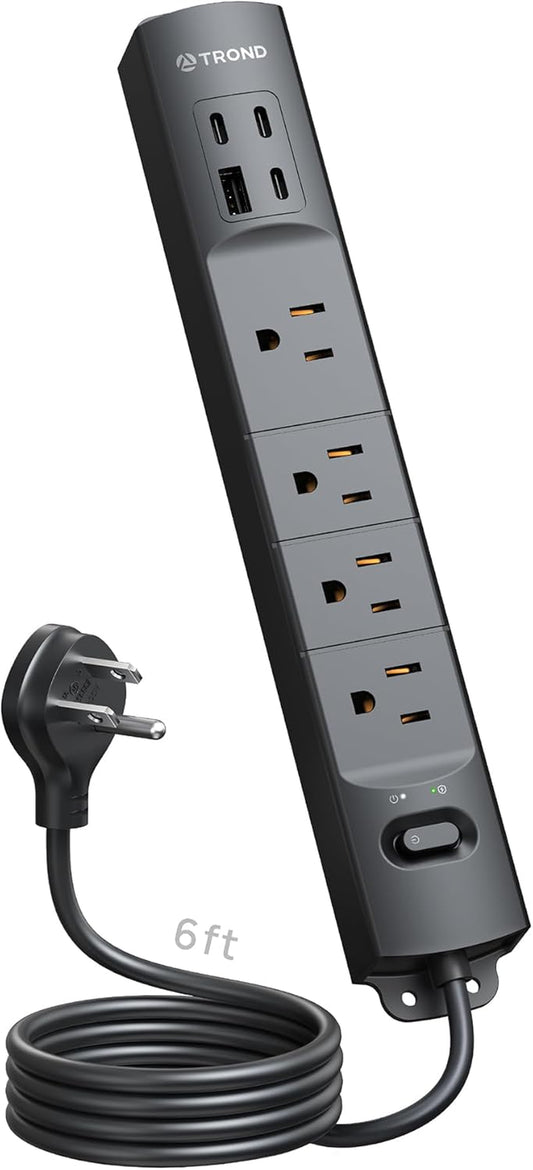 Wall Mount Surge Protector Power Strip with USB C Ports, ETL Listed | Low Profile Plug behind Furniture, 4 AC, 1440J, 6Ft Cord for Home Office Dorm Room under Desk Cable Management Tray, Black