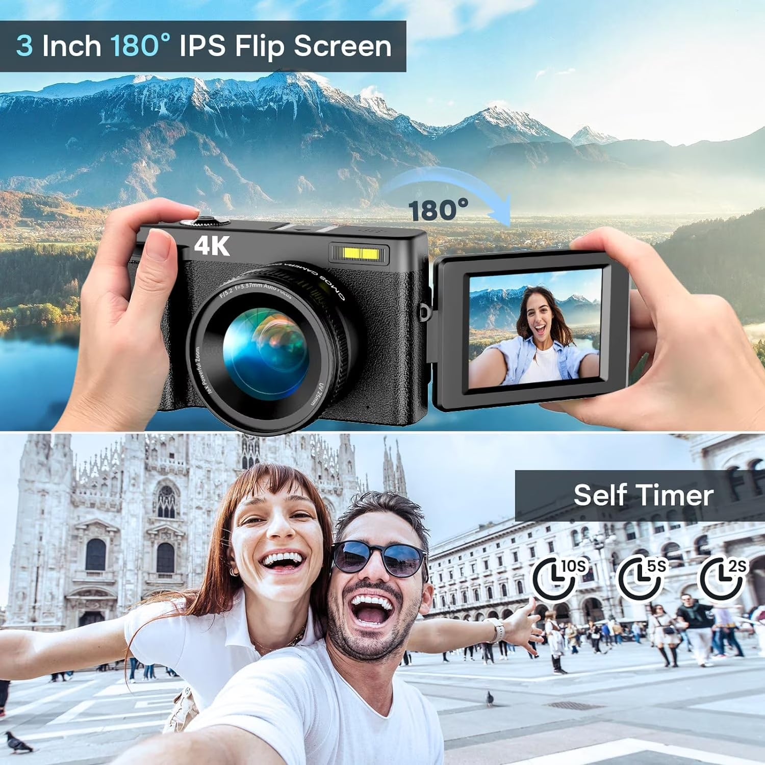 Digital Camera 4K 48MP Vlogging Camera for Youtube Autofocus 16X Digital Zoom Video Cameras with 32GB SD Card