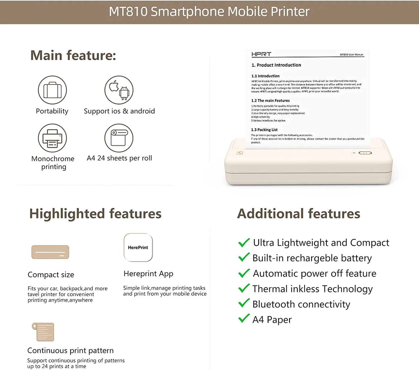 Portable Wireless Thermal Inkless Printer for Android and iOS Devices, Beige