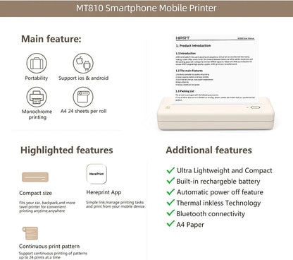Portable Wireless Thermal Inkless Printer for Android and iOS Devices, Beige