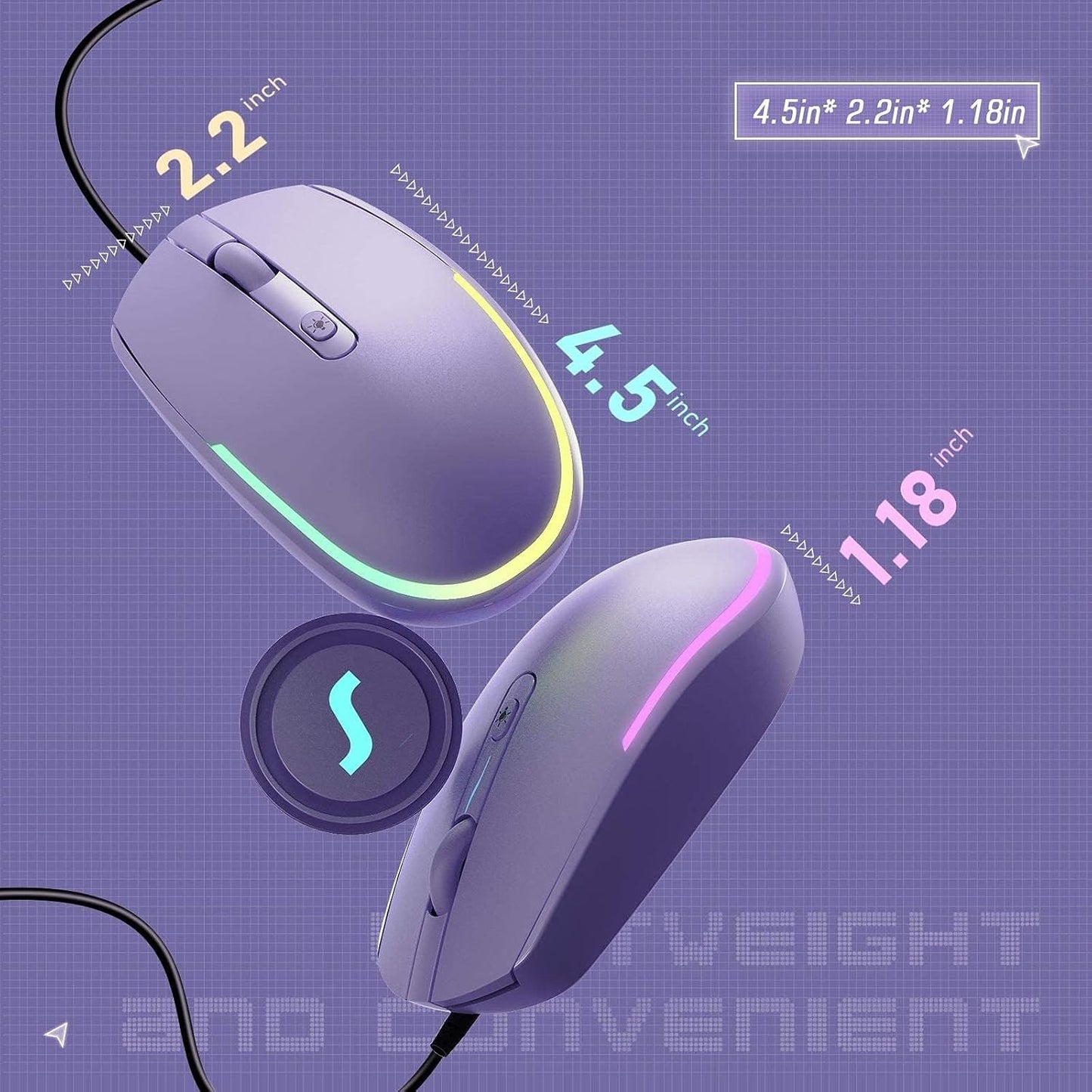 Wired Mouse, RGB Backlit 1600 DPI Corded Mouse for Laptop/Pc, Purple | Plug-And-Play with Quiet Clicks and Optical Tracking for Laptop, PC, Chromebook, Desktop, Office, School, and Home