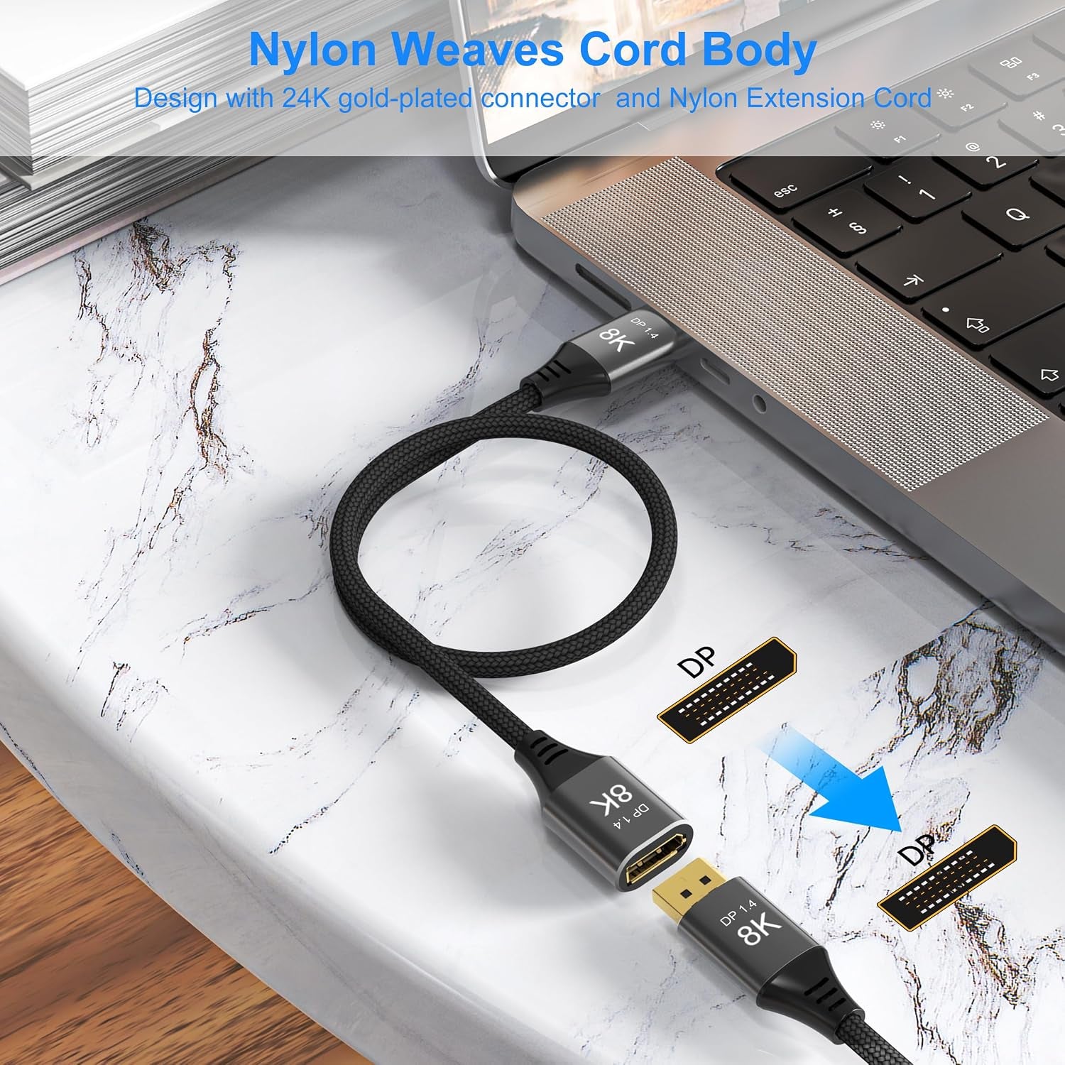 8K Displayport Extension Cable 1.5Feet, Displayport 1.4 Male to Female Extension Cable, Braided DP to DP Extended Cord, Supports 8K@60Hz,4K@120Hz (Grey, 1.5 Ft)
