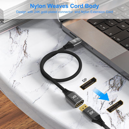 8K Displayport Extension Cable 1.5Feet, Displayport 1.4 Male to Female Extension Cable, Braided DP to DP Extended Cord, Supports 8K@60Hz,4K@120Hz (Grey, 1.5 Ft)