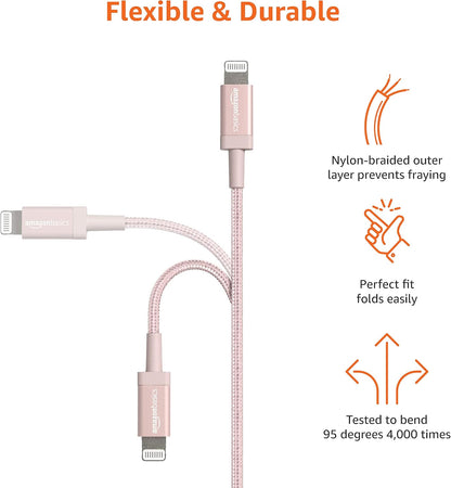 USB-A to Lightning Cable, Apple Mfi Certified, Nylon Braided Cord for Iphone 14 13 12 11 X Xs Pro, Pro Max, Plus, Ipad, Data Sync, High Speed Transfer, 3 Foot, Rose Gold