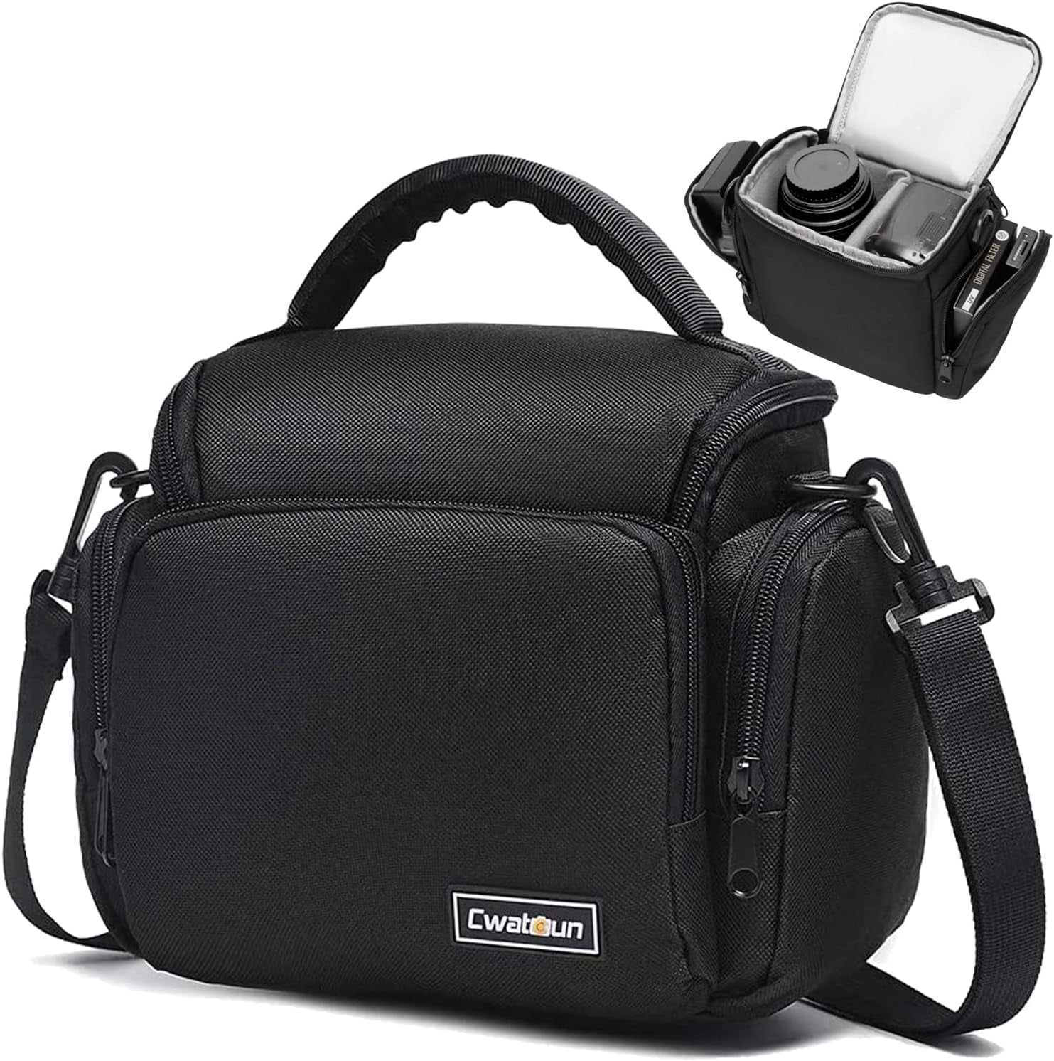Single Shoulder Crossbody Compact Camera Bag Case Compatible for Canon Nikon Sony SLR DSLR Mirrorless Cameras and Lenses Waterproof Black | Fits 1 Dslr/Mirrorless+1Lens+Phone+Sd Cards. 10Mm Padding, Waterproof, Adj Strap 65-130Cm, Side/Front Pockets.