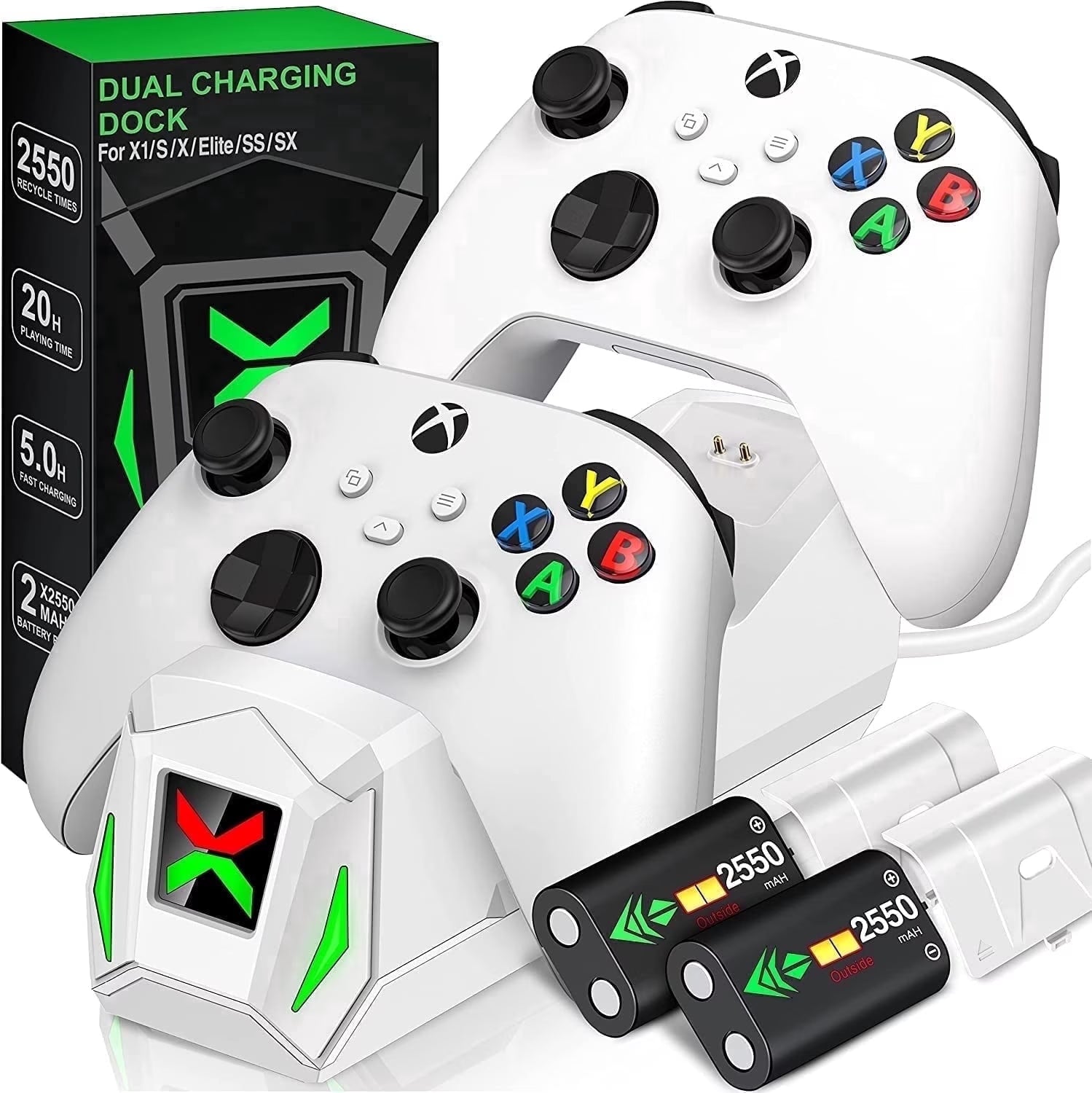 Dual Xbox Controller Charging Station with Two 5520mAh Battery Packs for Xbox Series X|S/One/Elite