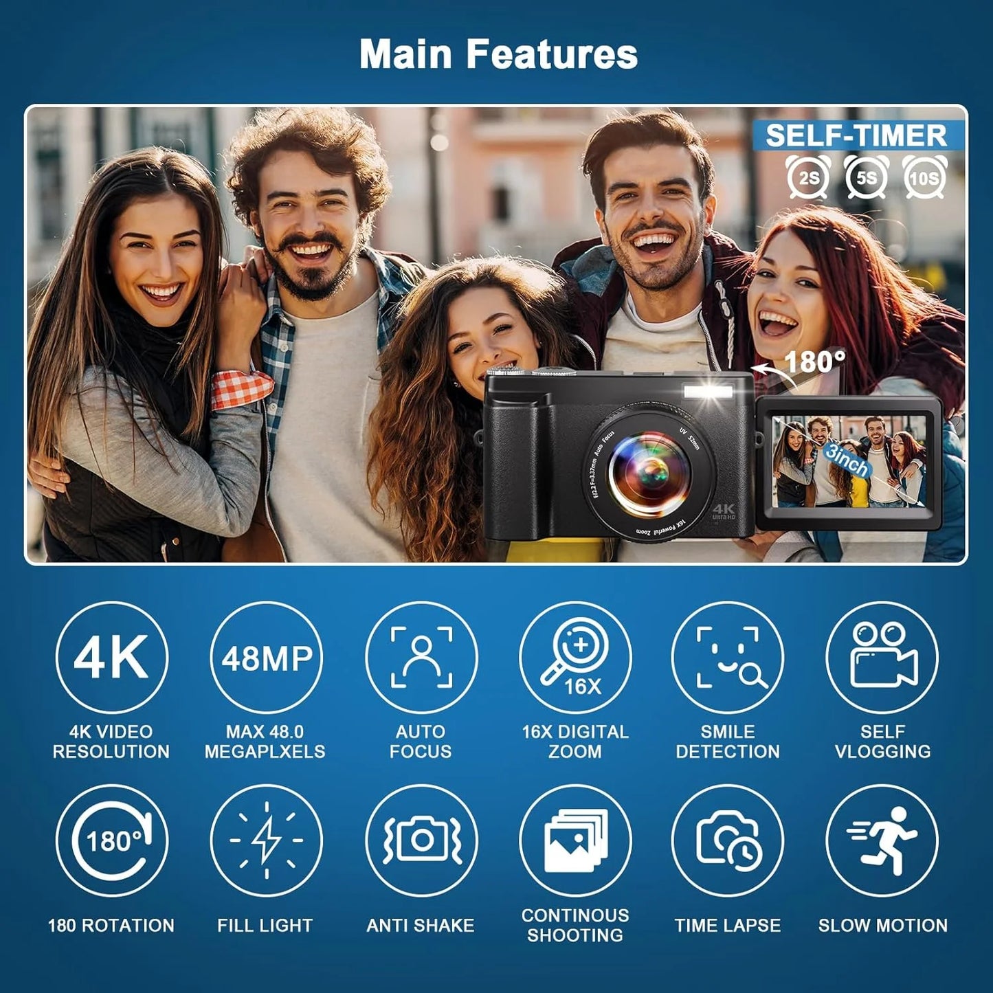 Digital Camera 4K 48MP Vlogging Camera for Youtube Autofocus 16X Digital Zoom Video Cameras with 32GB SD Card