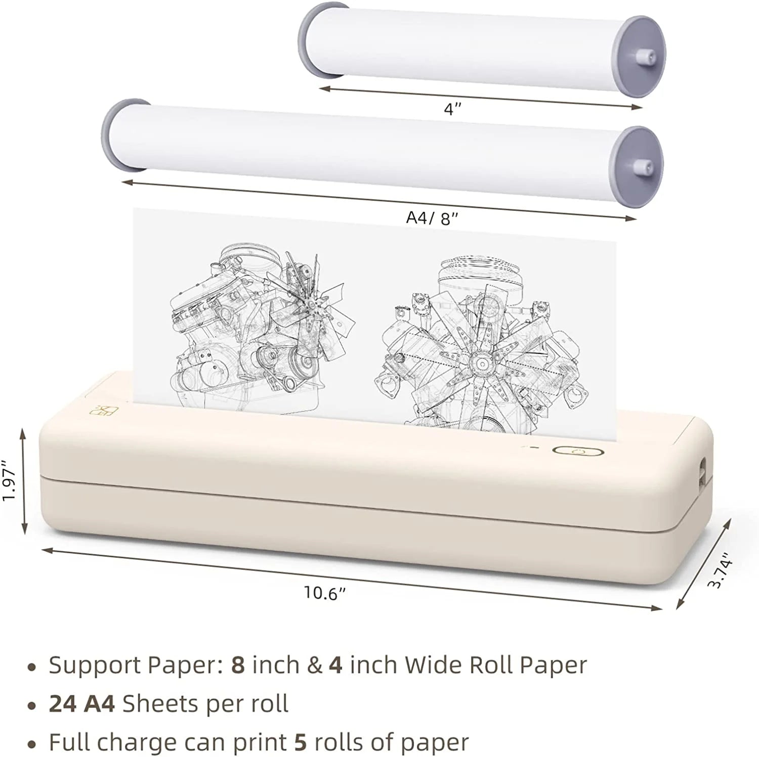Portable Wireless Thermal Inkless Printer for Android and iOS Devices, Beige