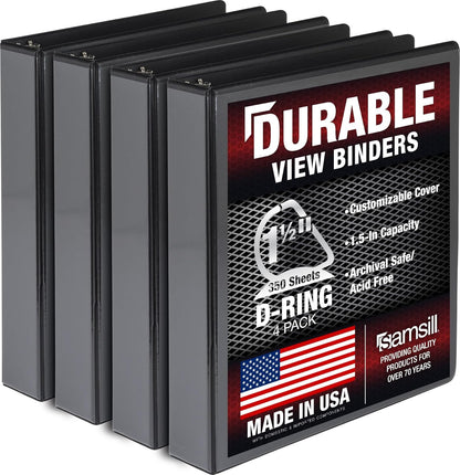 Durable 1.5 Inch 3 Ring Binder, D Ring Binder, 100% Recycled Chipboard, Black, 4 Pack