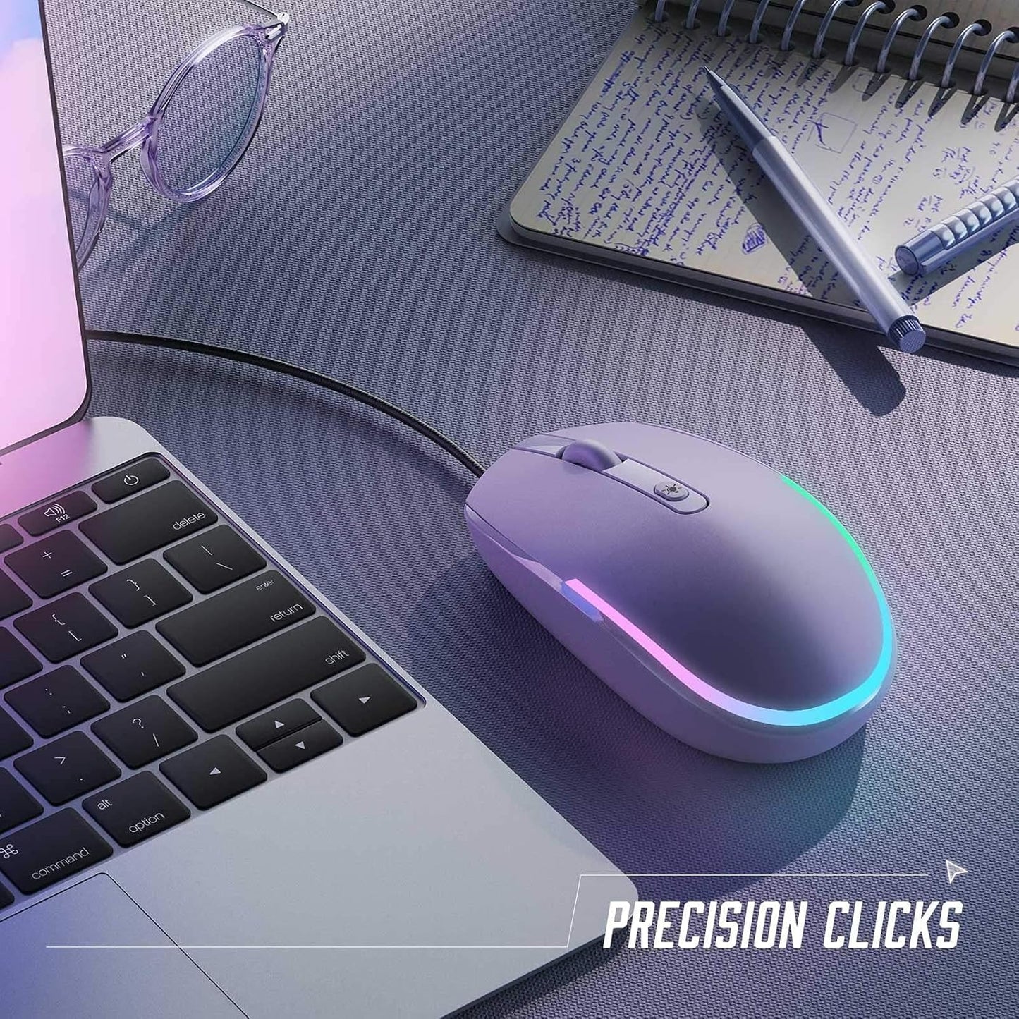 Wired Mouse, RGB Backlit 1600 DPI Corded Mouse for Laptop/Pc, Purple | Plug-And-Play with Quiet Clicks and Optical Tracking for Laptop, PC, Chromebook, Desktop, Office, School, and Home