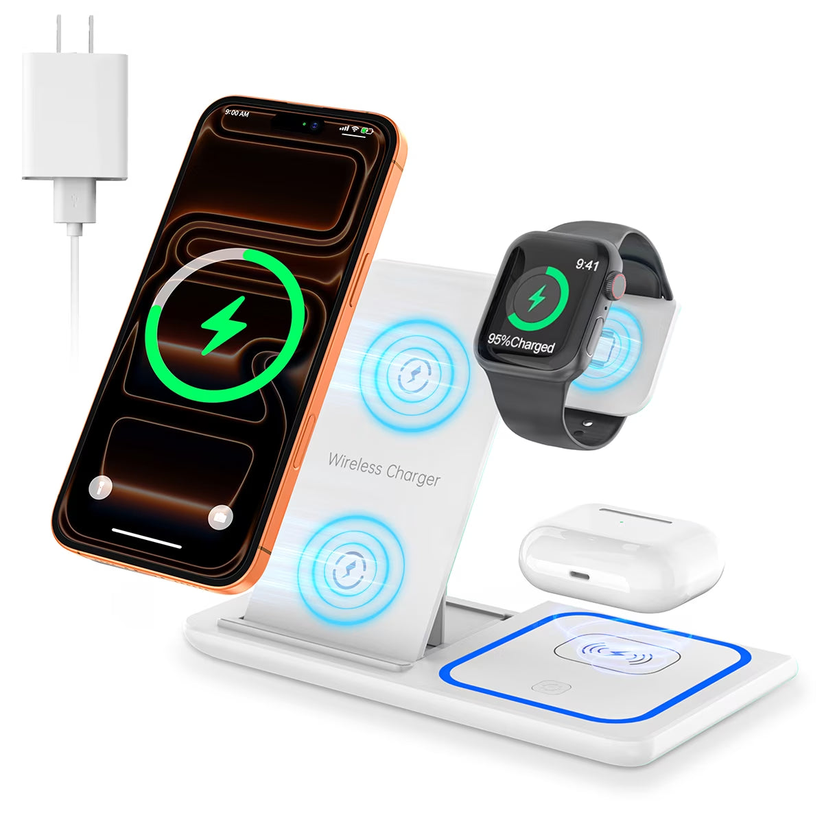 3-in-1 Wireless Charging Station, 18W Fast Charger Dock for Apple Watch Series 1-11, iPhone 14-17, Samsung Devices, and AirPods