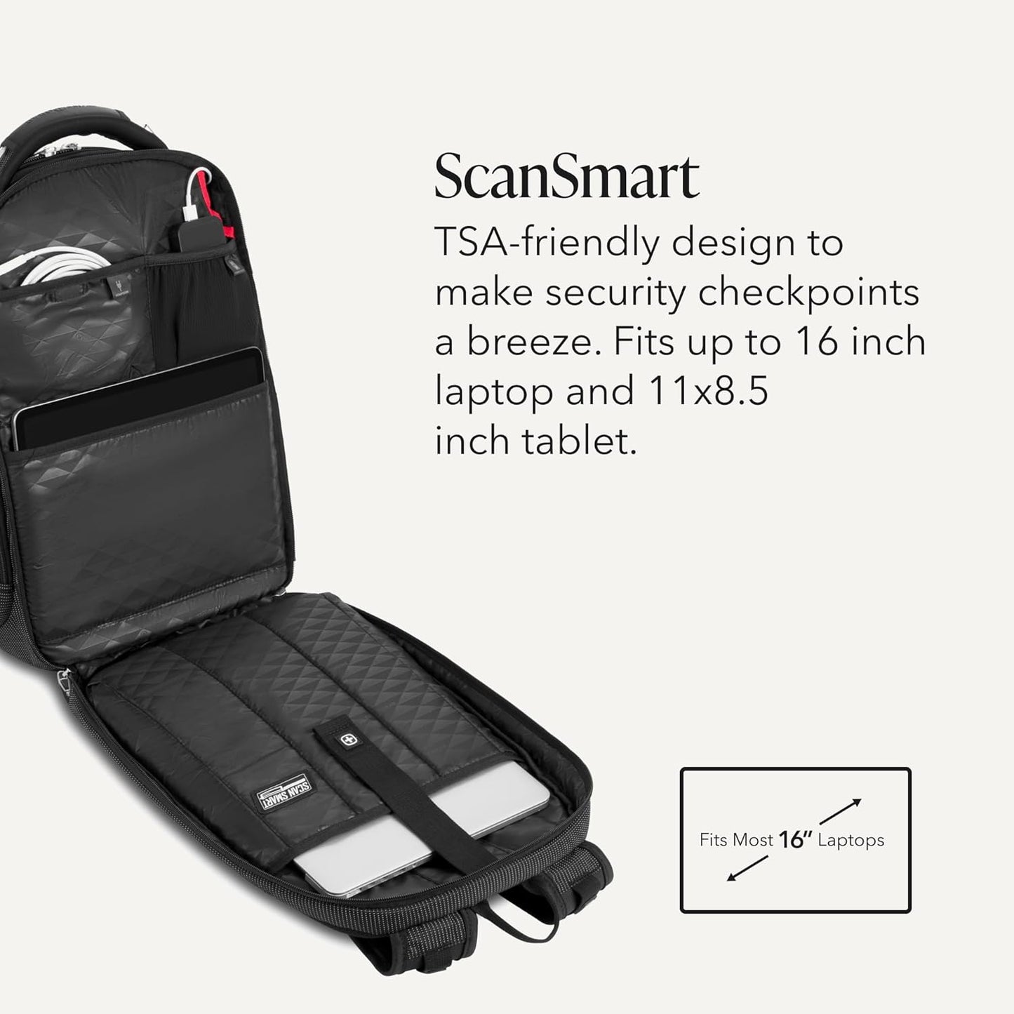 Travel Tech Elite Laptop Backpack – Fits Laptops up to 16” – Scansmart Tsa-Friendly Backpack with USB Port, Shoe Compartment & Organizer Pockets – Black Dot
