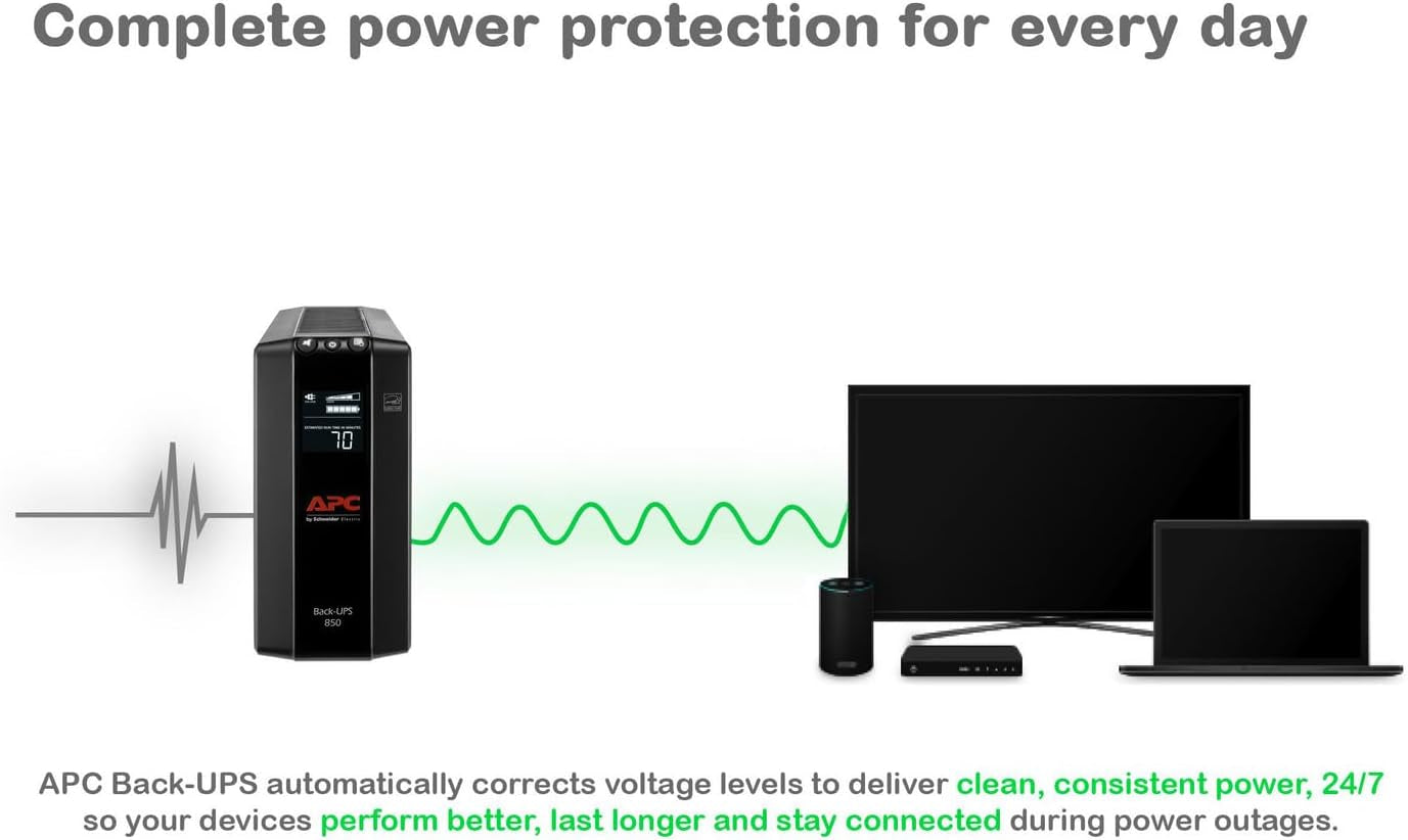 850VA/510W Professional UPS Battery Backup for Office Electronics, AVR, BX850M | 850VA Back-Ups Pro for Home Offices — 8 Outlets, LCD Display, AVR, Surge Protection, 29-Minute Runtime (@100W) for PCs and Workstations
