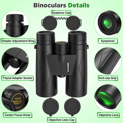 12X42 Binoculars for Adults, HD FMC BAK4 Binoculars Waterproof Binoculars Low Light Vision for Hunting Bird Watching Travel Outdoor Sports Concerts